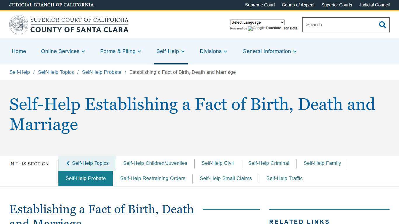 Establishing a Fact of Birth, Death and Marriage Superior Court of California County of Santa Clara